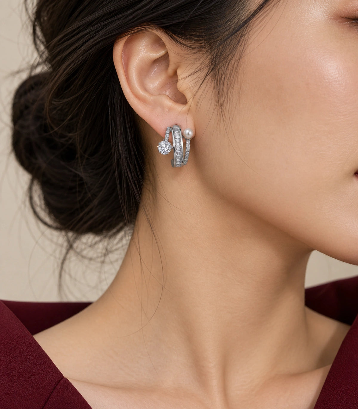 JIMIKI Silver-Tone Pearl Crystal Multi-Row Hoop Earrings in Silver / Clear / White, editorial model view