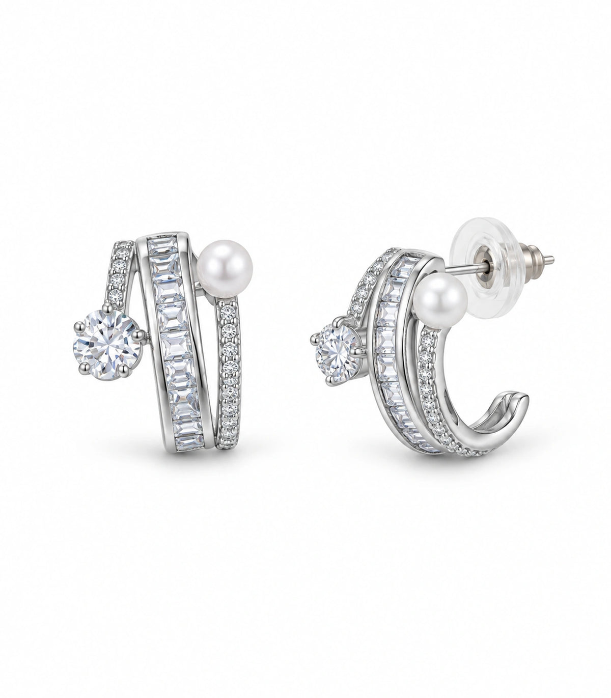 JIMIKI Silver-Tone Pearl Crystal Multi-Row Hoop Earrings in Silver / Clear / White, white background product view