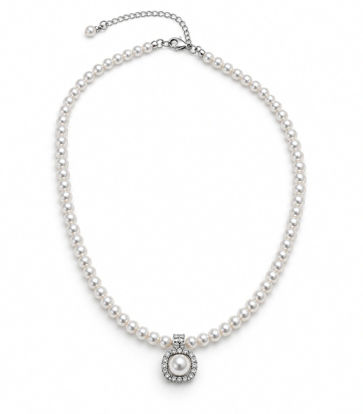 JIMIKI silver-tone pearl-style halo pendant necklace on a white background