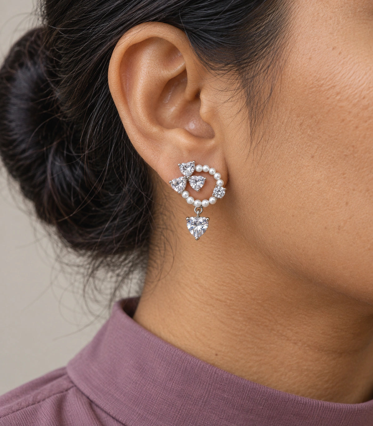 JIMIKI Pearl Ring Crystal Heart Drop Earring Pair in Silver tone / white, close-up detail #color_silver tone / white