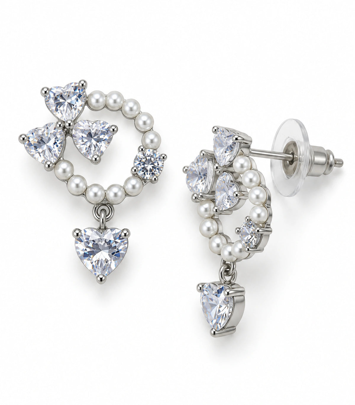 JIMIKI Pearl Ring Crystal Heart Drop Earring Pair in Silver tone / white, white background product view #color_silver tone / white