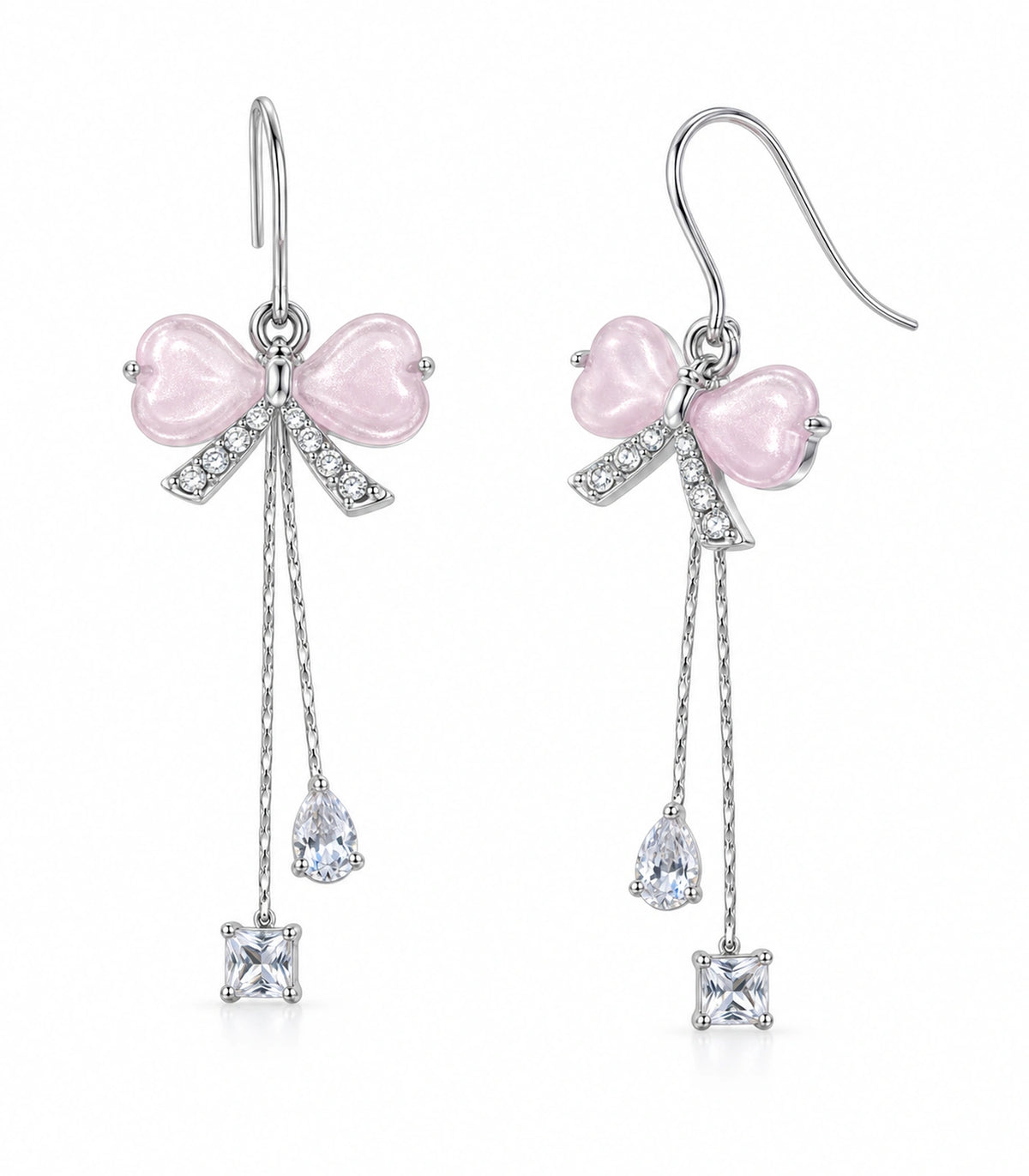JIMIKI Silver Tone Pink Bow Pear Square Chain Earring Pair in Silver-tone, white background product view