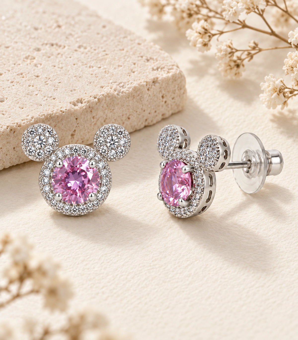 JIMIKI Crystal Three Circle Stud Earring Pair in Silver tone / pink, editorial flat lay #color_silver tone / pink