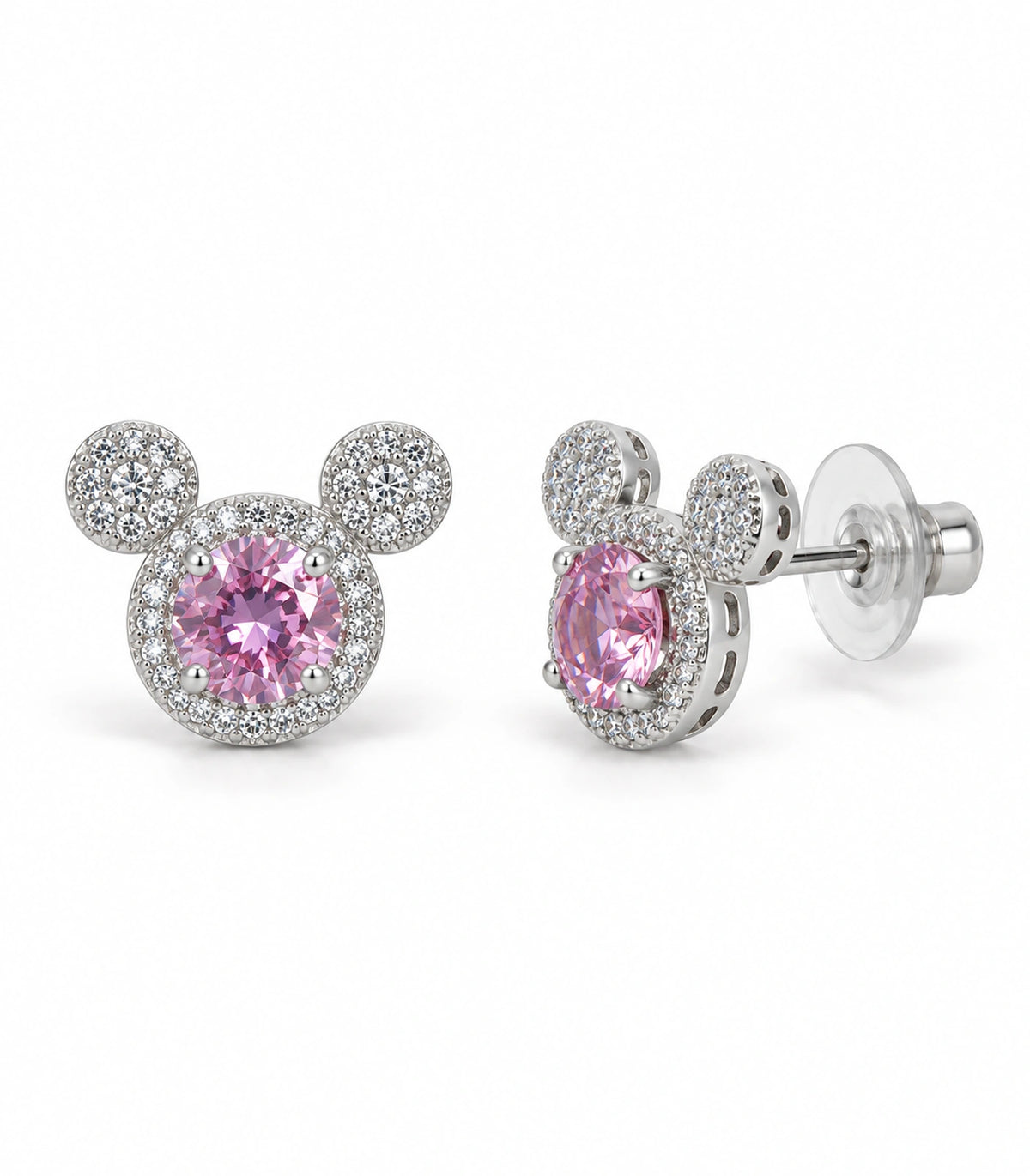 JIMIKI Crystal Three Circle Stud Earring Pair in Silver tone / pink, white background product view #color_silver tone / pink