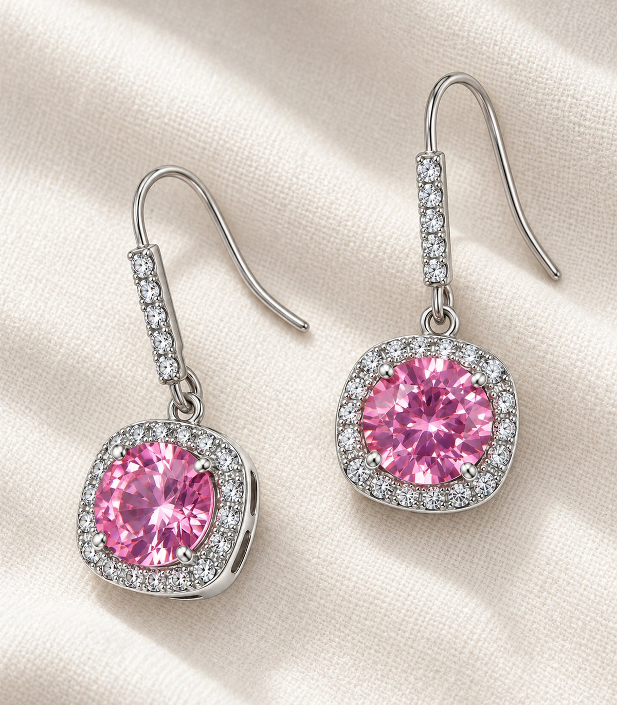 JIMIKI Cushion Halo Hook Drop Earring Pair in Silver tone / pink, editorial flat lay #color_silver tone / pink