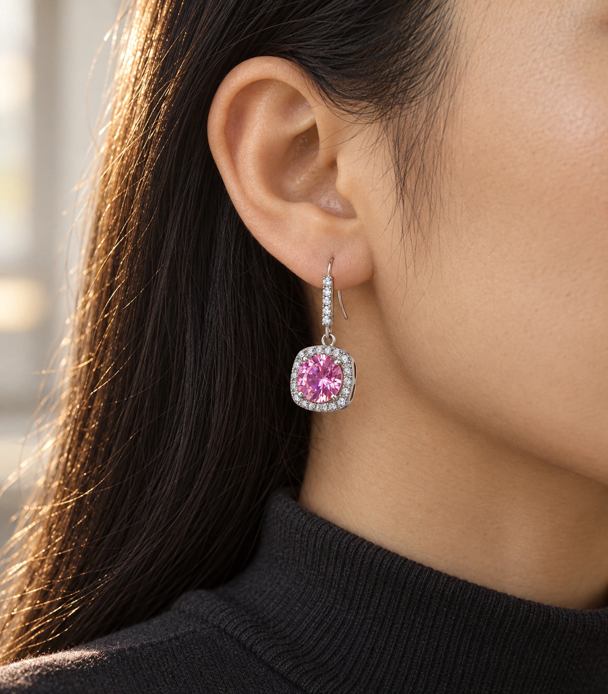 JIMIKI Cushion Halo Hook Drop Earring Pair in Silver tone / pink, editorial model view #color_silver tone / pink