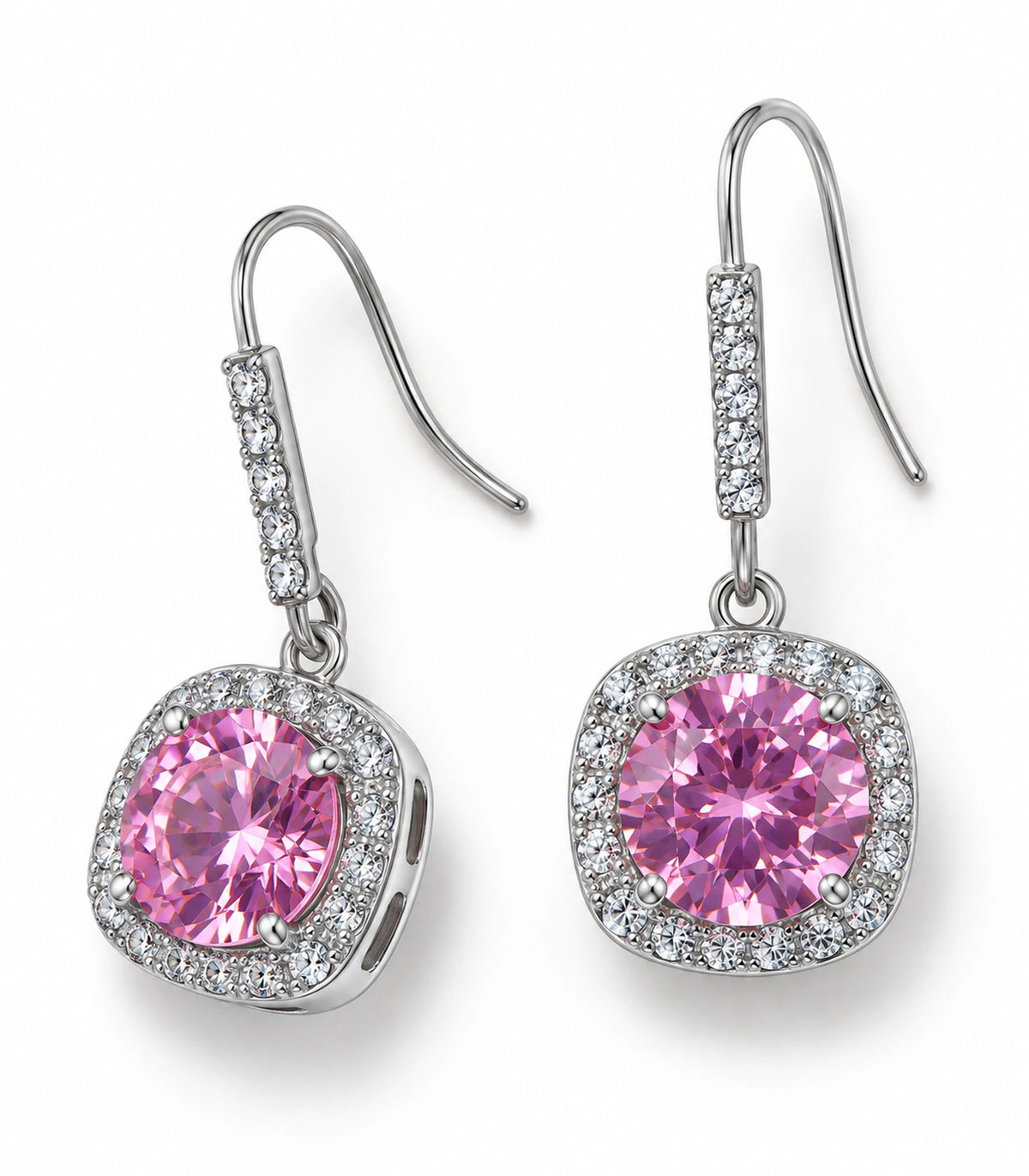 JIMIKI Cushion Halo Hook Drop Earring Pair in Silver tone / pink, white background product view #color_silver tone / pink