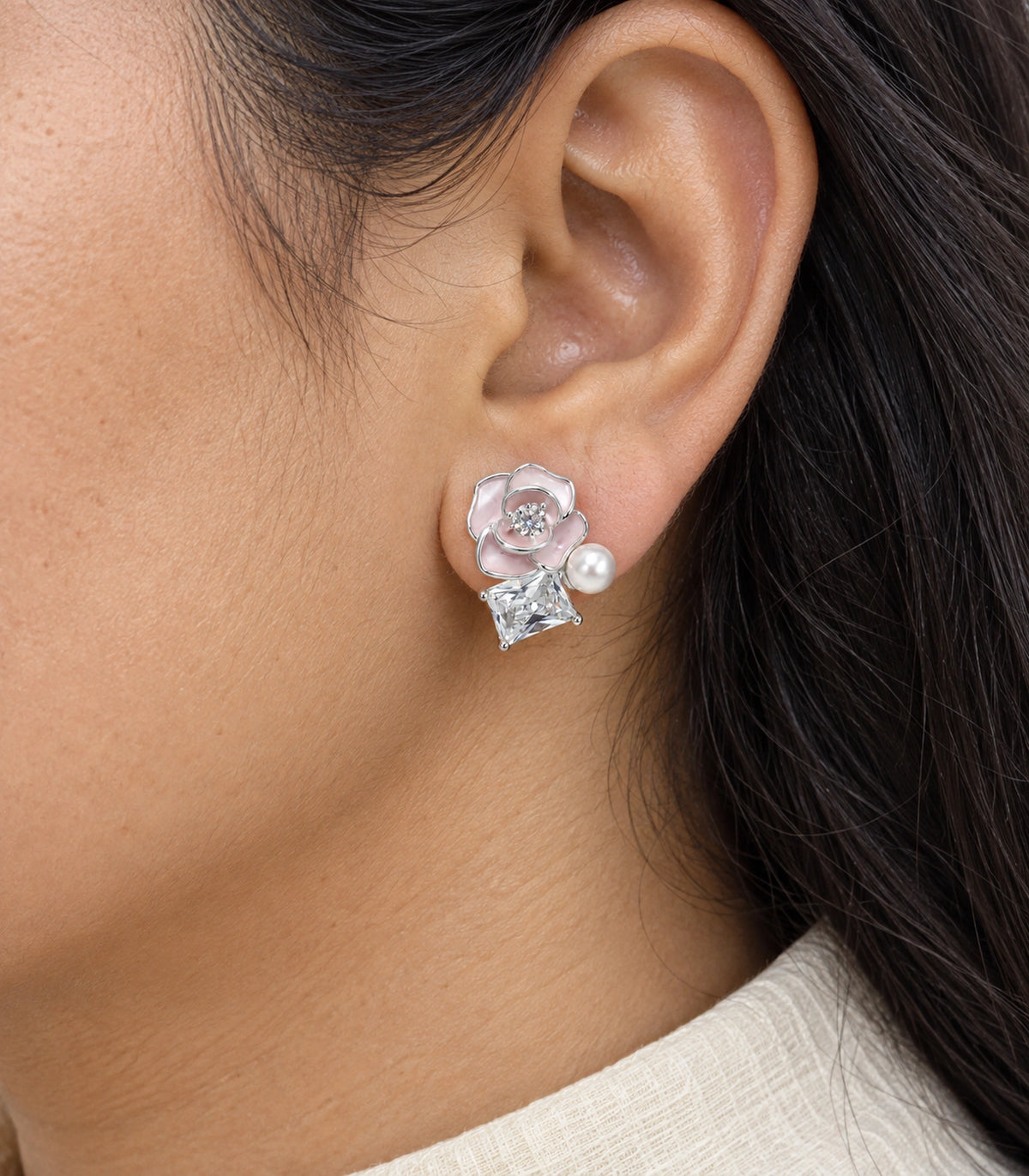 JIMIKI Flower Pearl Square Crystal Stud Earring Pair in Silver tone / Pink, close-up detail #color_silver tone / pink