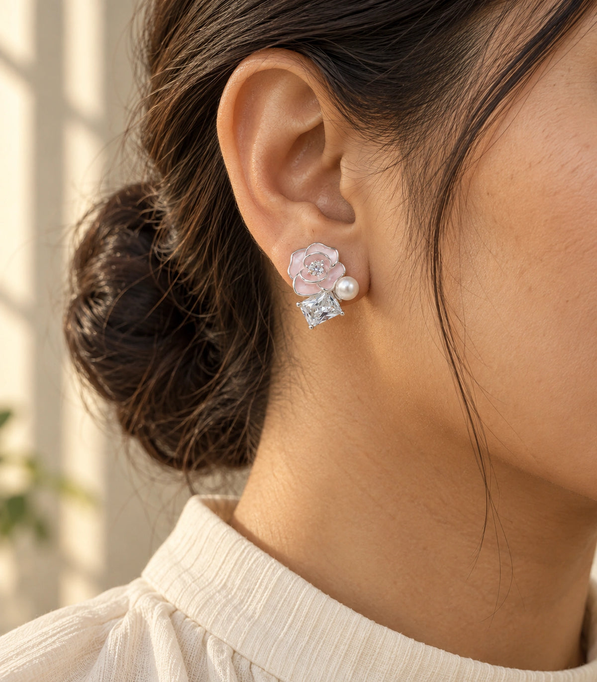 JIMIKI Flower Pearl Square Crystal Stud Earring Pair in Silver tone / Pink, editorial model view #color_silver tone / pink