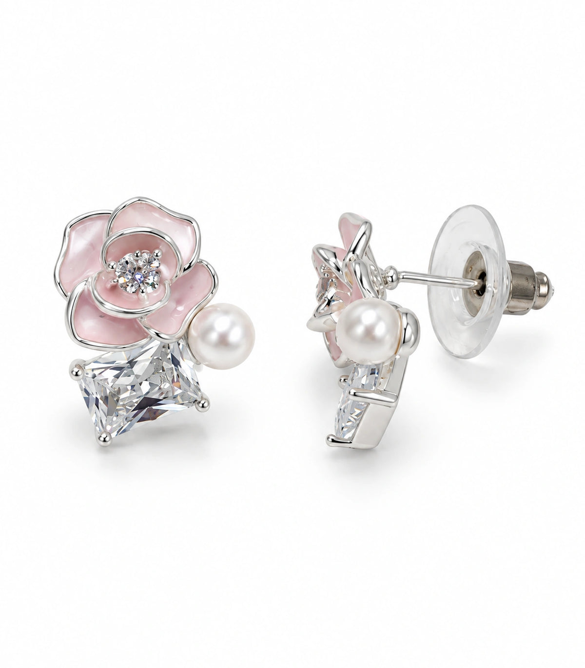 JIMIKI Flower Pearl Square Crystal Stud Earring Pair in Silver tone / Pink, white background product view #color_silver tone / pink