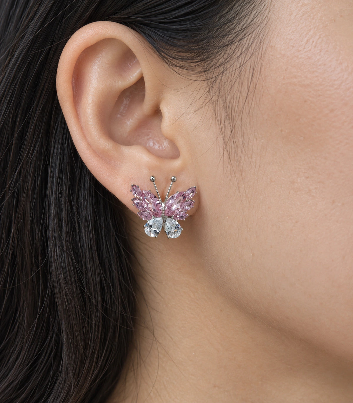JIMIKI Marquise Teardrop Butterfly Stud Earring Pair in Silver tone / Pink, close-up detail #color_silver tone / pink