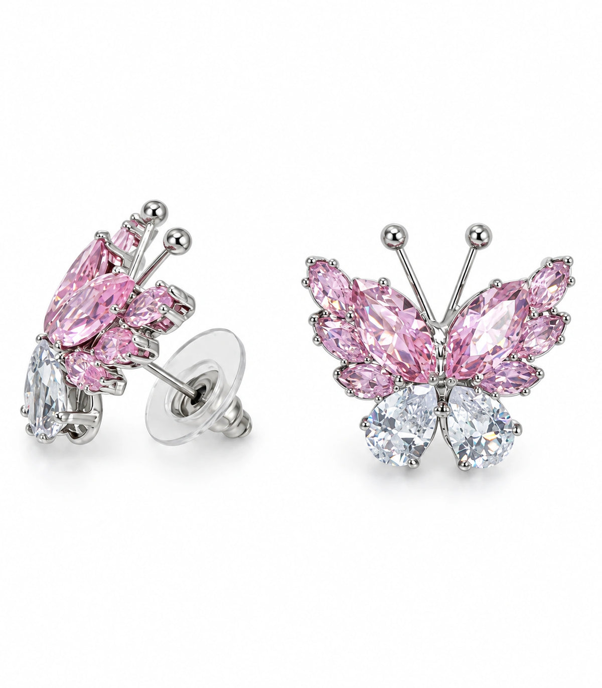 JIMIKI Marquise Teardrop Butterfly Stud Earring Pair in Silver tone / Pink, white background product view #color_silver tone / pink