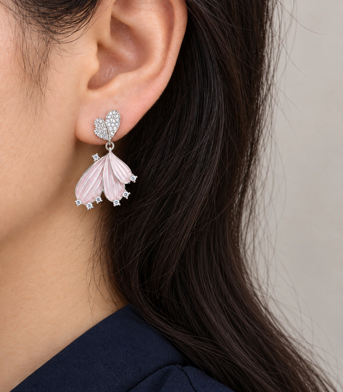 JIMIKI Ribbed Fan Crystal Drop Earring Pair in Silver tone, close-up detail #color_silver tone