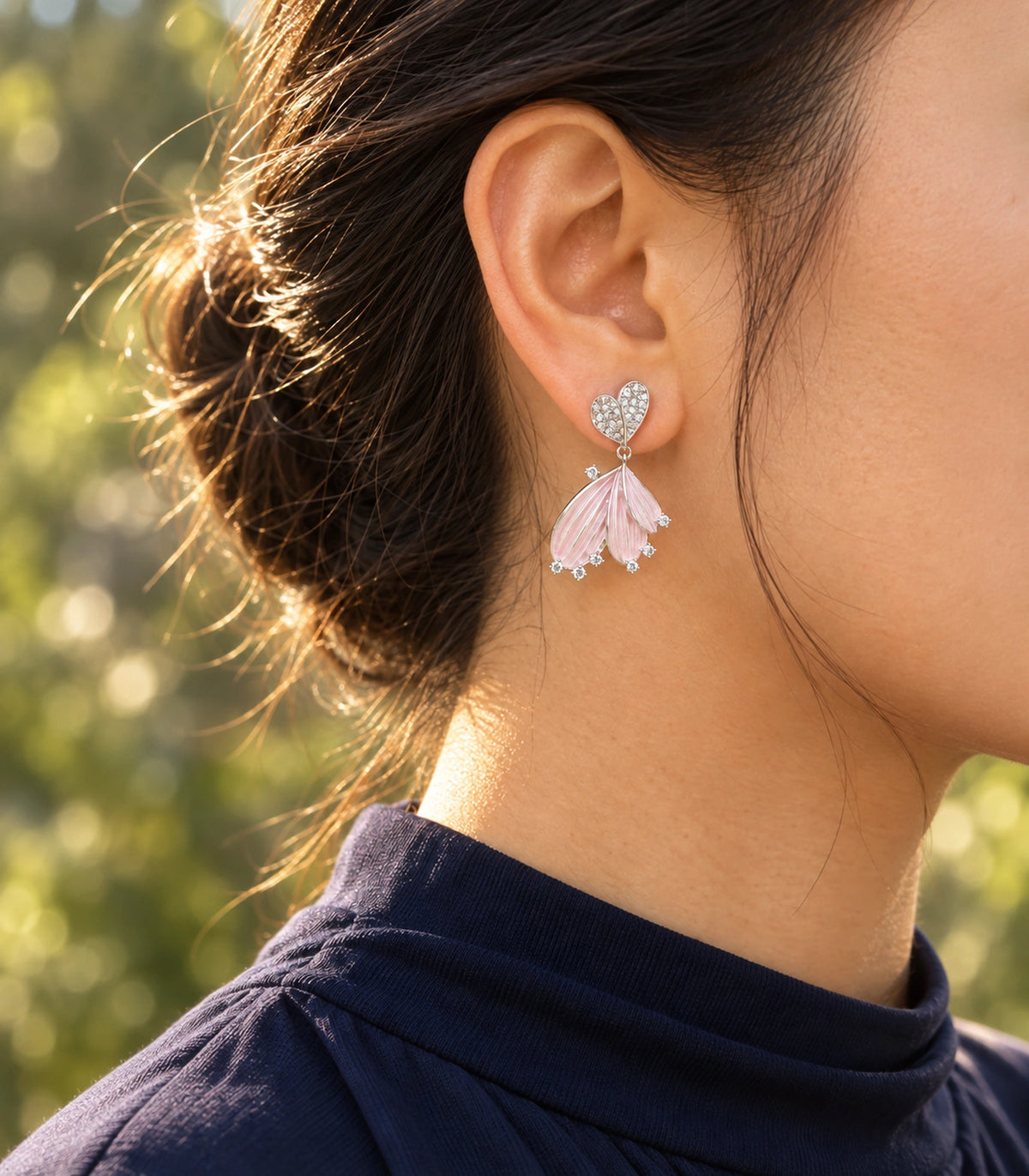 JIMIKI Ribbed Fan Crystal Drop Earring Pair in Silver tone, editorial model view #color_silver tone