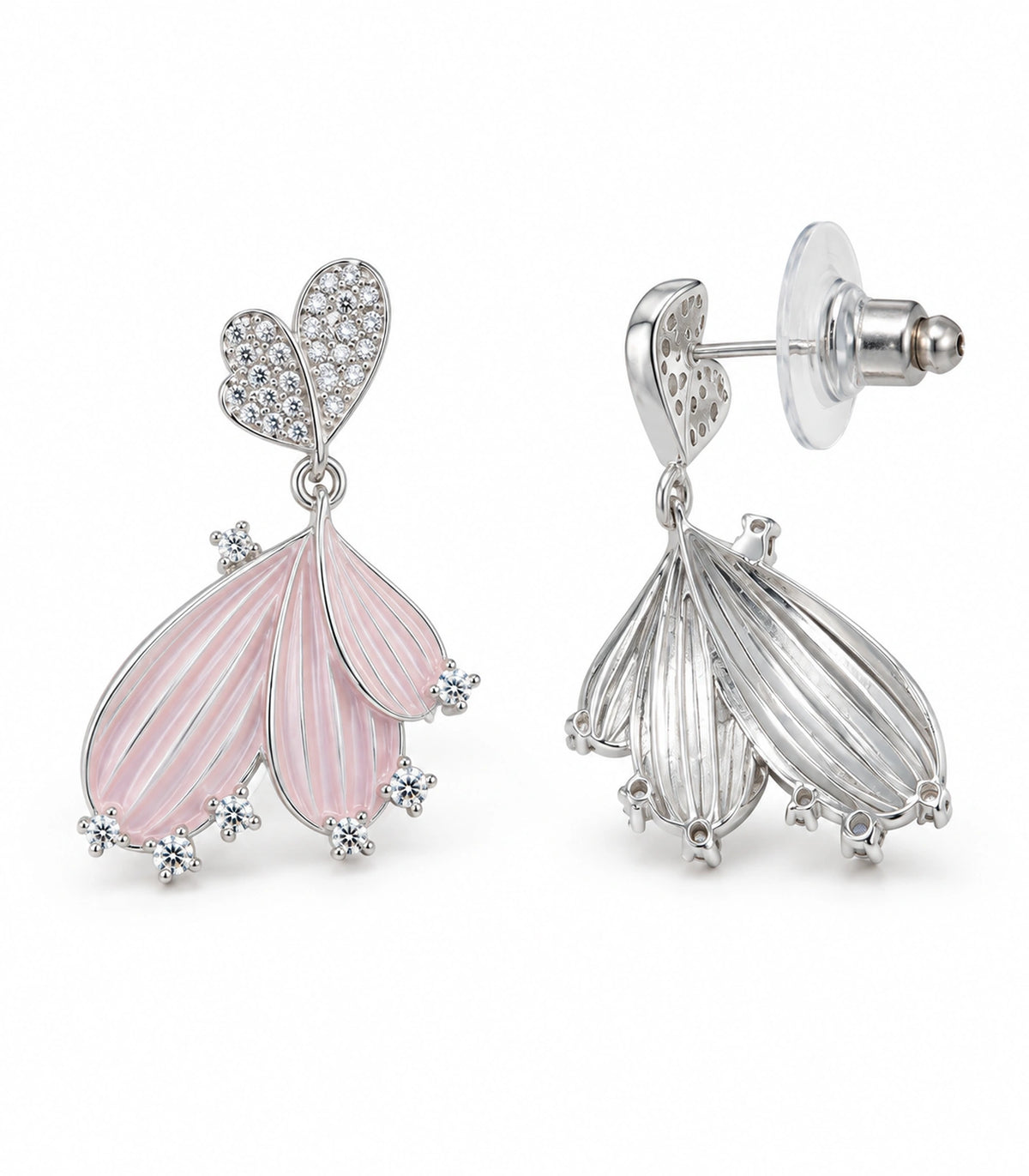 JIMIKI Ribbed Fan Crystal Drop Earring Pair in Silver tone, white background product view #color_silver tone