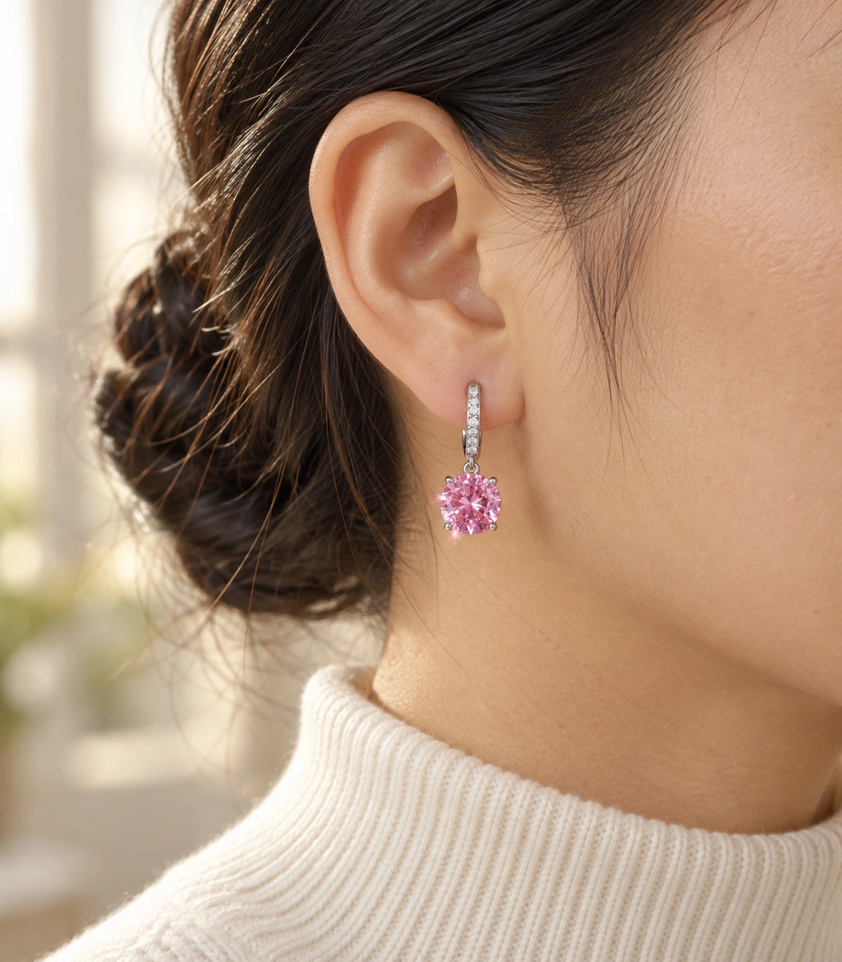 JIMIKI Round Crystal Hoop Drop Earring Pair in Silver tone / pink, editorial model view #color_silver tone / pink