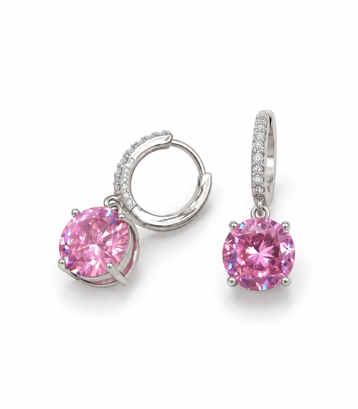 JIMIKI Round Crystal Hoop Drop Earring Pair in Silver tone / pink, white background product view #color_silver tone / pink