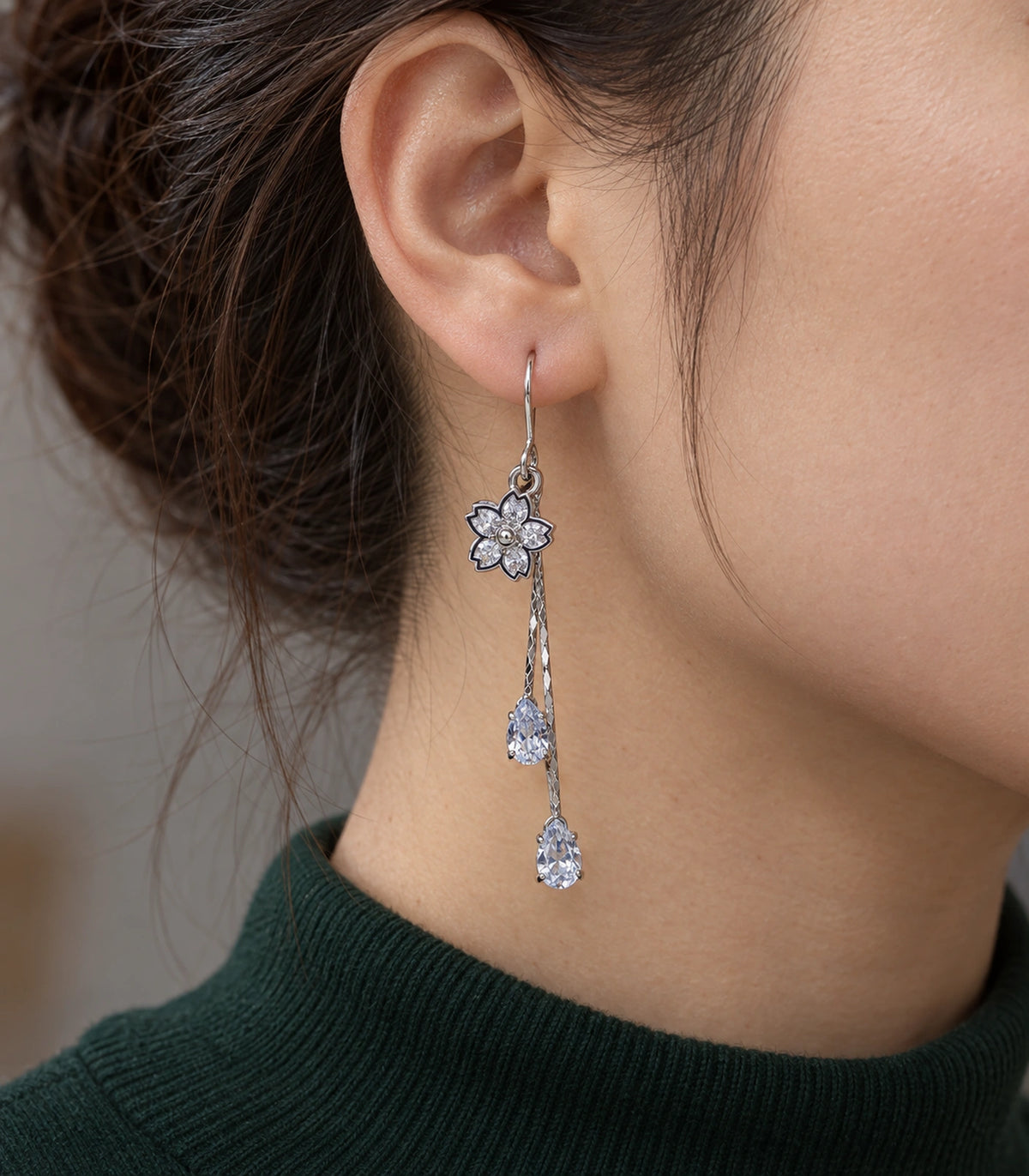 JIMIKI Silver Tone Pointed Flower Twin Pear Chain Earring Pair in Silver-tone, close-up detail