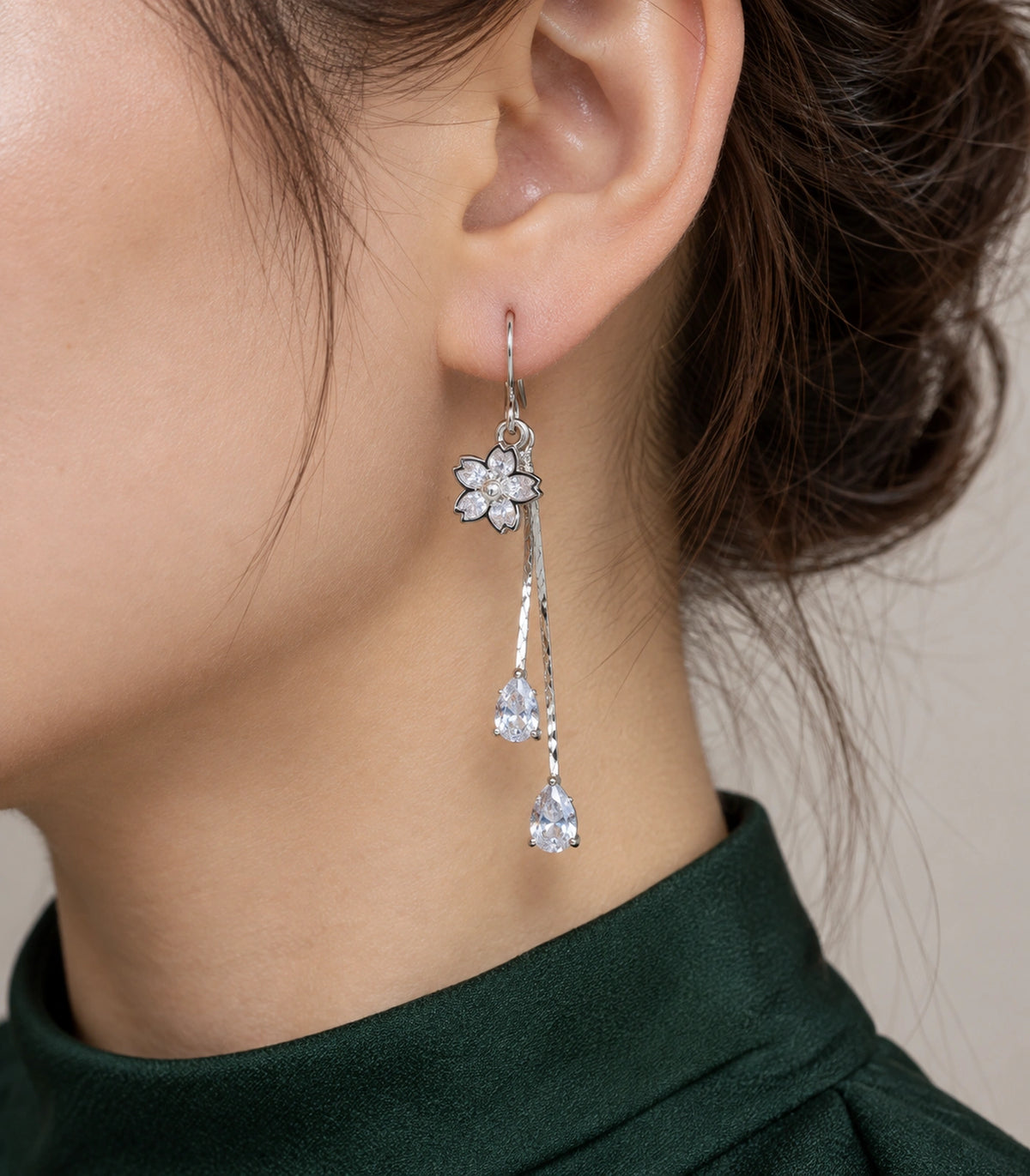 JIMIKI Silver Tone Pointed Flower Twin Pear Chain Earring Pair in Silver-tone, model wearing view