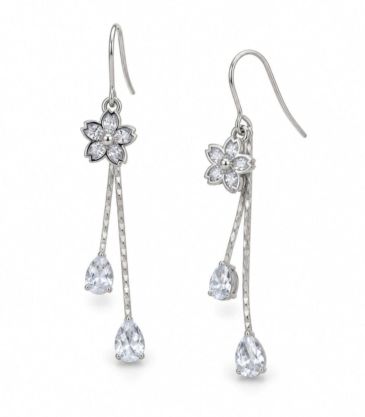 JIMIKI Silver Tone Pointed Flower Twin Pear Chain Earring Pair in Silver-tone, white background product view