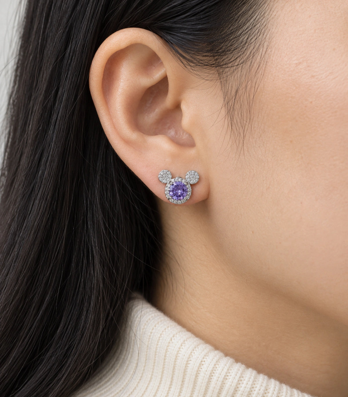 JIMIKI Crystal Three Circle Stud Earring Pair in Silver tone / purple, close-up detail #color_silver tone / purple
