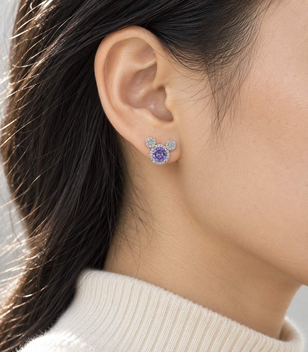 JIMIKI Crystal Three Circle Stud Earring Pair in Silver tone / purple, editorial model view #color_silver tone / purple