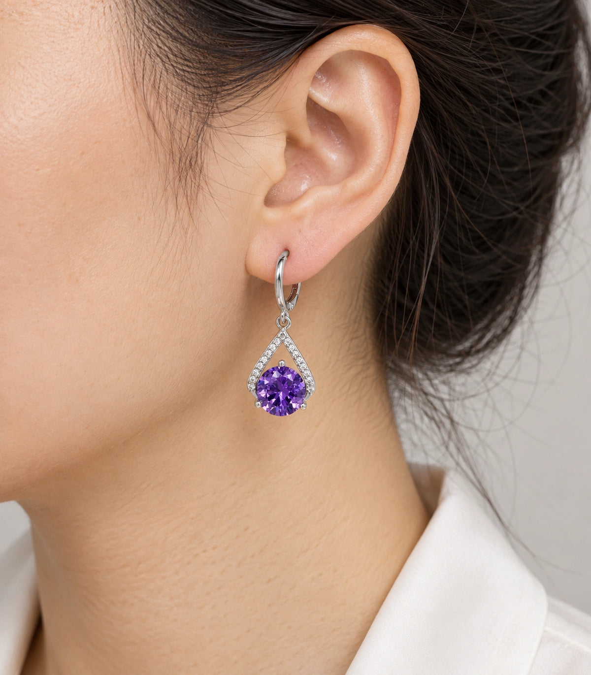 JIMIKI Round Crystal Teardrop Frame Drop Earring Pair in Silver tone/Purple, close-up detail #color_silver tone/purple