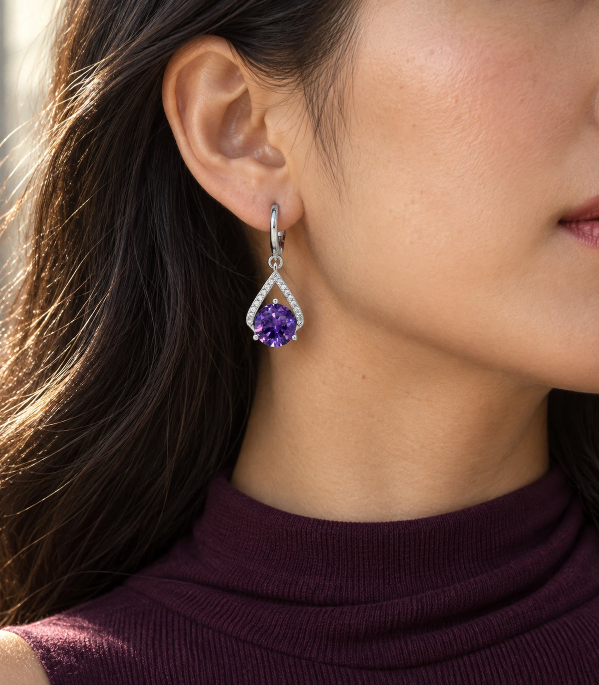 JIMIKI Round Crystal Teardrop Frame Drop Earring Pair in Silver tone/Purple, editorial model view #color_silver tone/purple