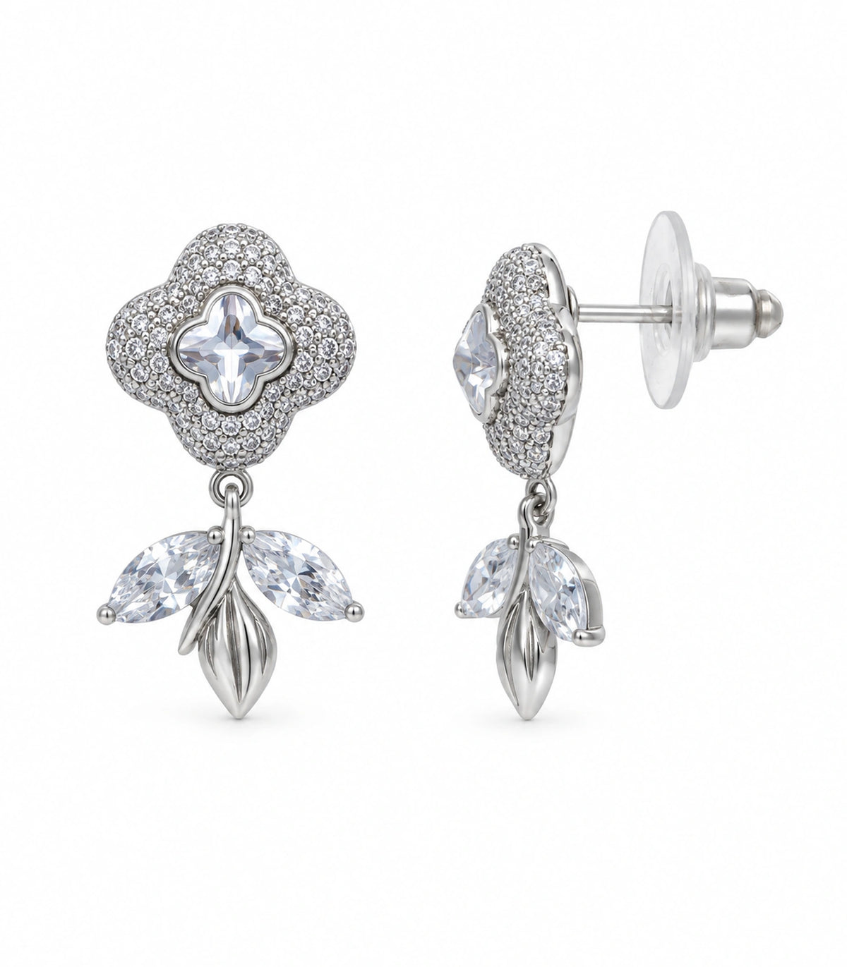 JIMIKI Quatrefoil Crystal Leaf Drop Earring Pair in Silver Tone, white background product view #color_silver tone