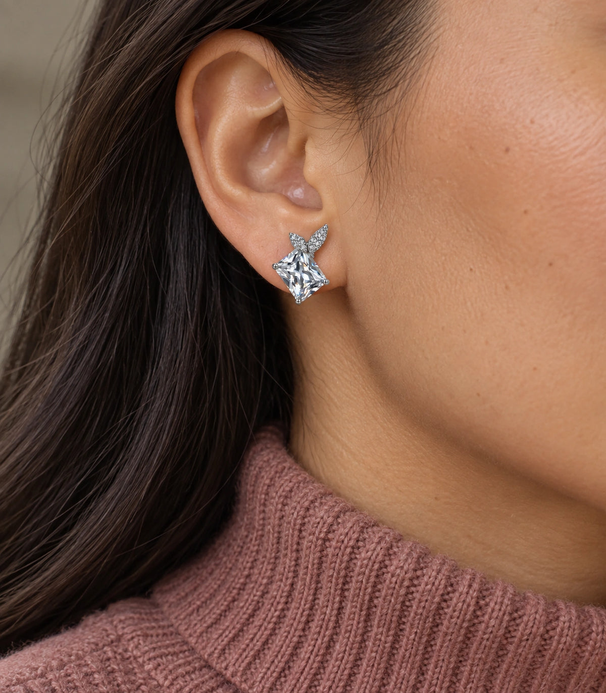 JIMIKI Rectangular Crystal Twin Leaf Stud Earring Pair in Silver-tone, close-up detail #color_silver-tone