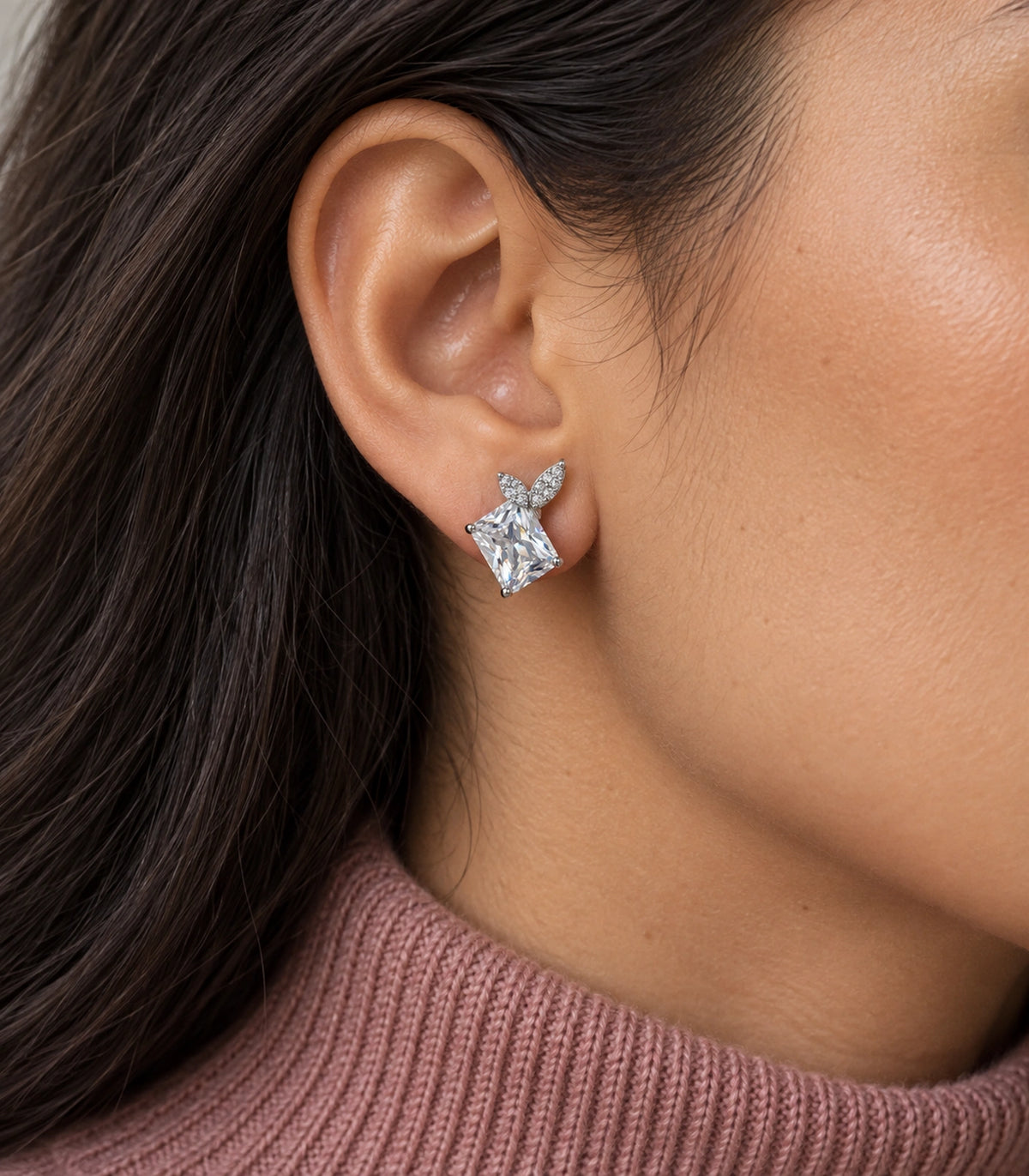 JIMIKI Rectangular Crystal Twin Leaf Stud Earring Pair in Silver-tone, model wearing view #color_silver-tone
