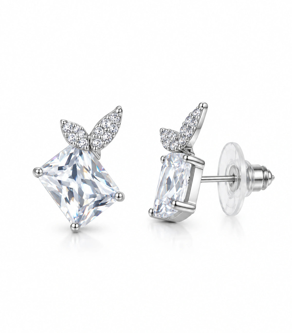 JIMIKI Rectangular Crystal Twin Leaf Stud Earring Pair in Silver-tone, white background product view #color_silver-tone