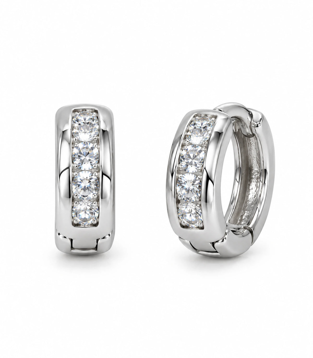 JIMIKI Silver Rectangular Crystal Channel Huggie Hoop Earrings, matching pair on white background #color_silver