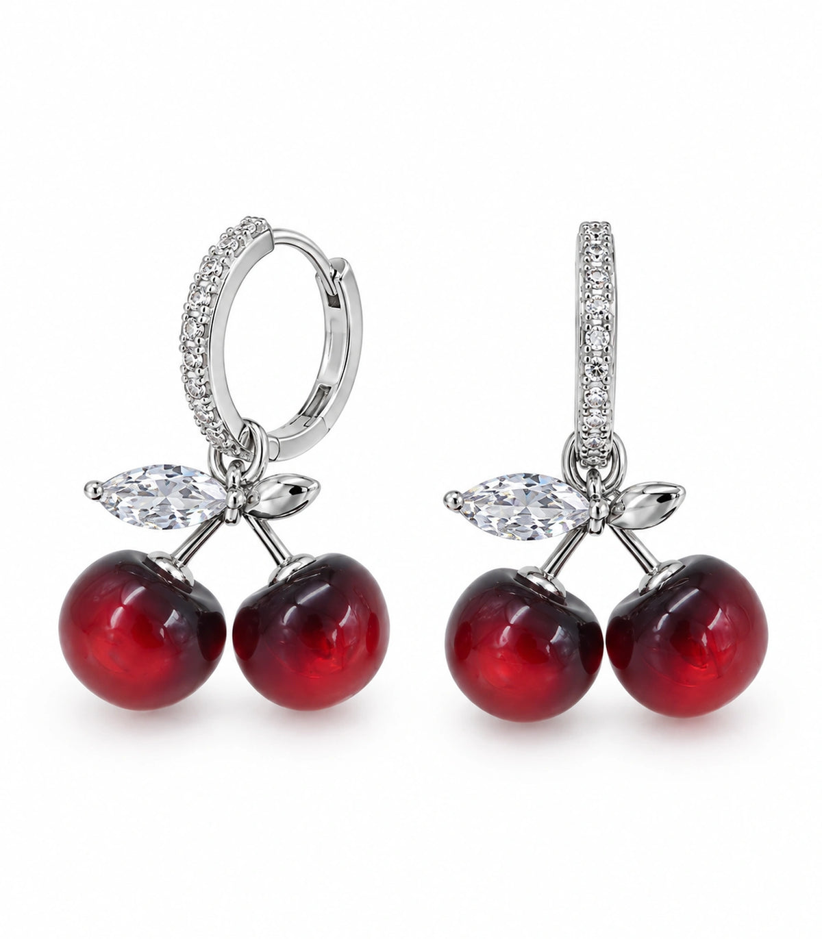 JIMIKI Cherry Crystal Leaf Hoop Earring Pair in Silver-tone / Red / Clear, white background product view #color_silver-tone / red / clear
