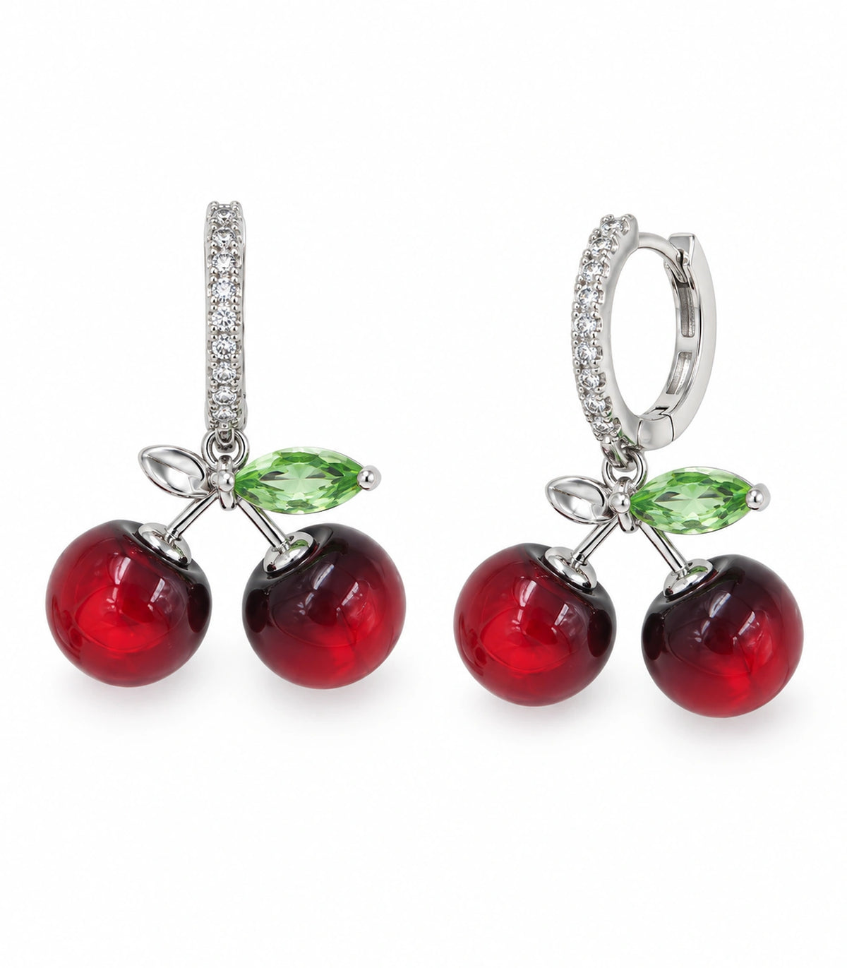 JIMIKI Cherry Crystal Leaf Hoop Earring Pair in Silver-tone / Red / Green, white background product view #color_silver-tone / red / green