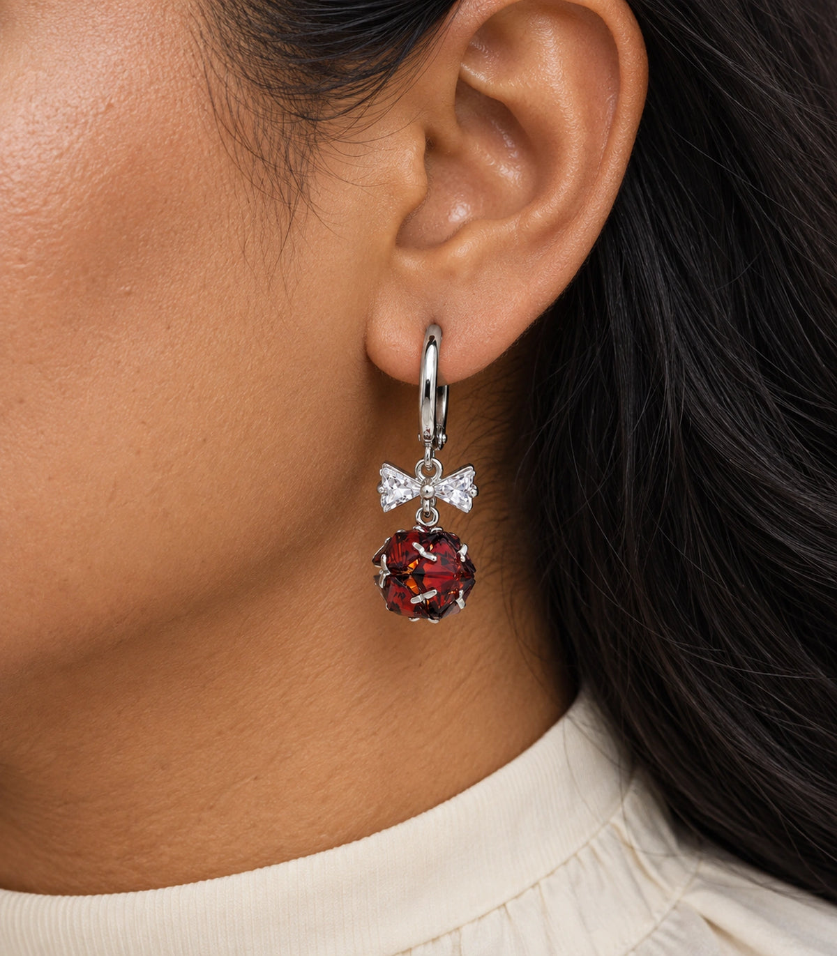 JIMIKI Silver Tone Red Crystal Ball Bow Drop Hoop Earring Pair in Silver-tone / Red, close-up detail