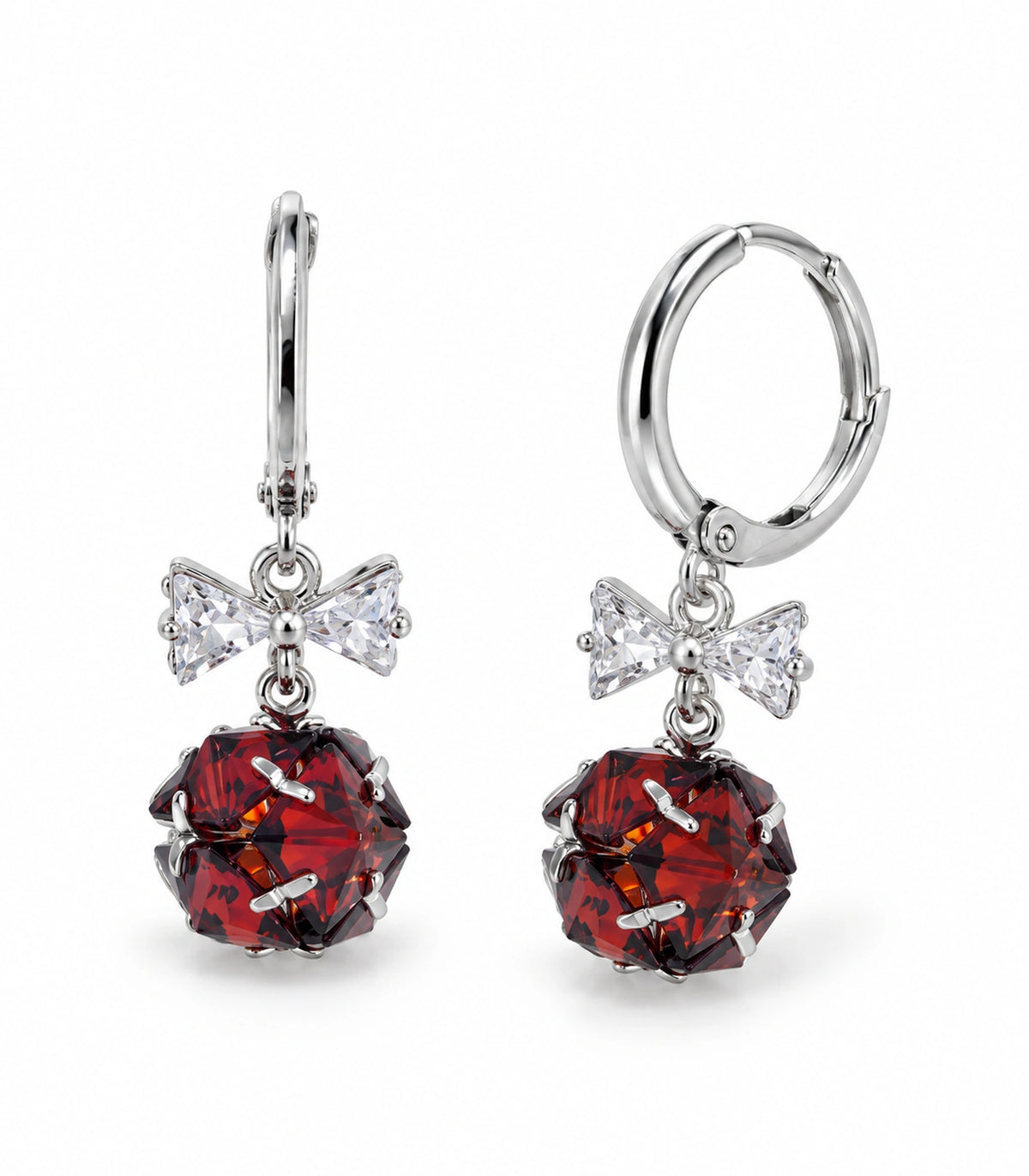 JIMIKI Silver Tone Red Crystal Ball Bow Drop Hoop Earring Pair in Silver-tone / Red, white background product view