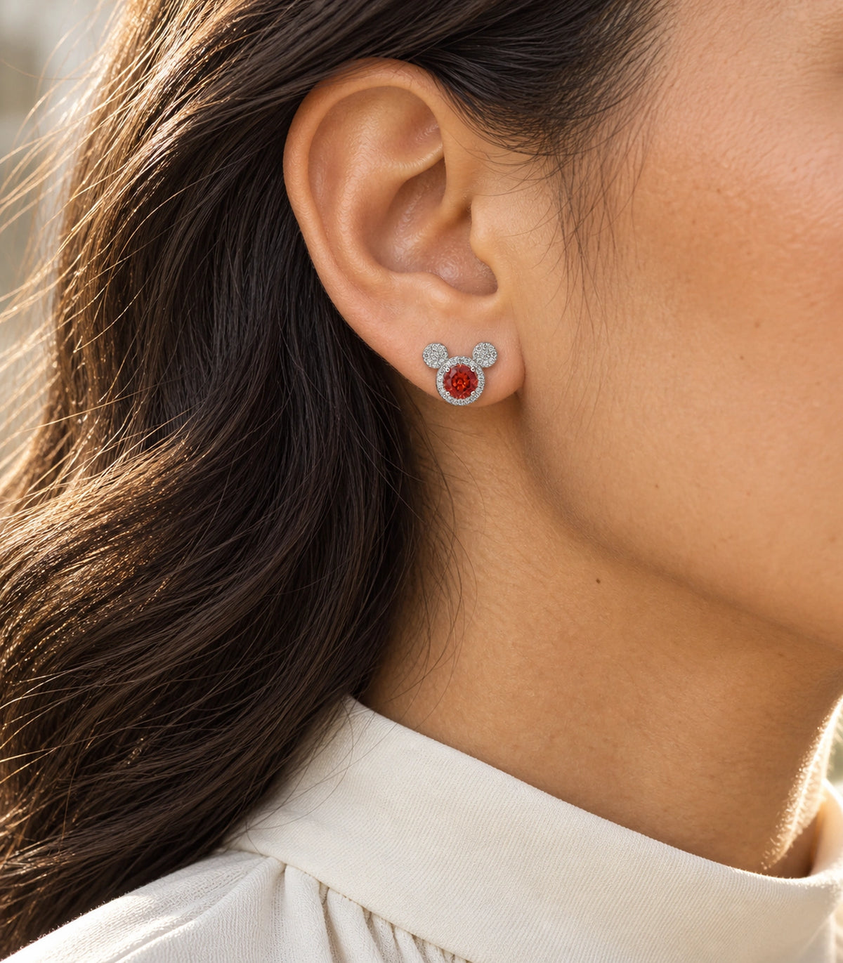 JIMIKI Crystal Three Circle Stud Earring Pair in Silver tone / red, editorial model view #color_silver tone / red