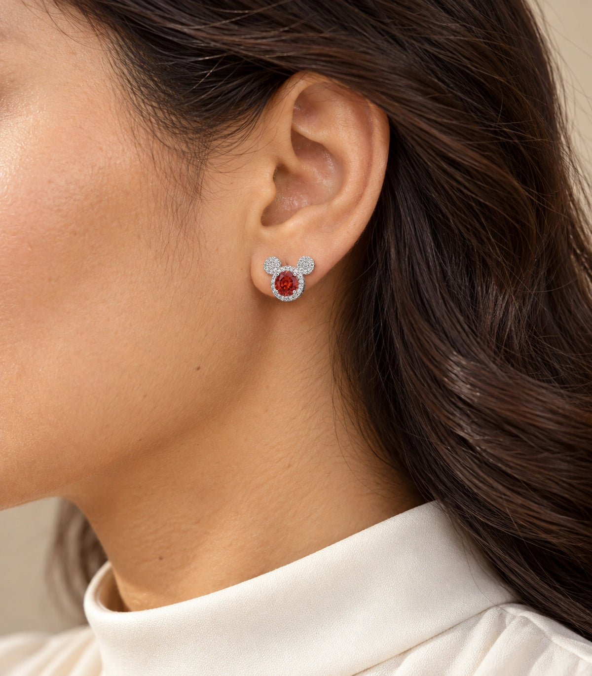 JIMIKI Crystal Three Circle Stud Earring Pair in Silver tone / red, model wearing view #color_silver tone / red