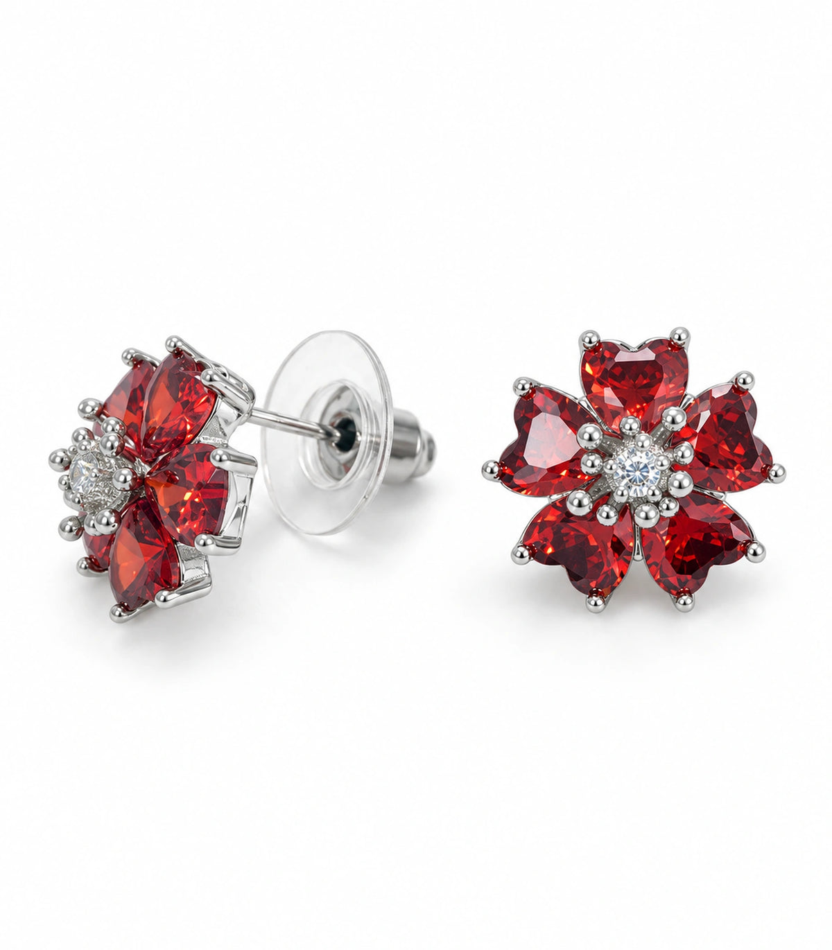JIMIKI Five Petal Crystal Flower Stud Earring Pair in Silver tone / red, white background product view #color_silver tone / red