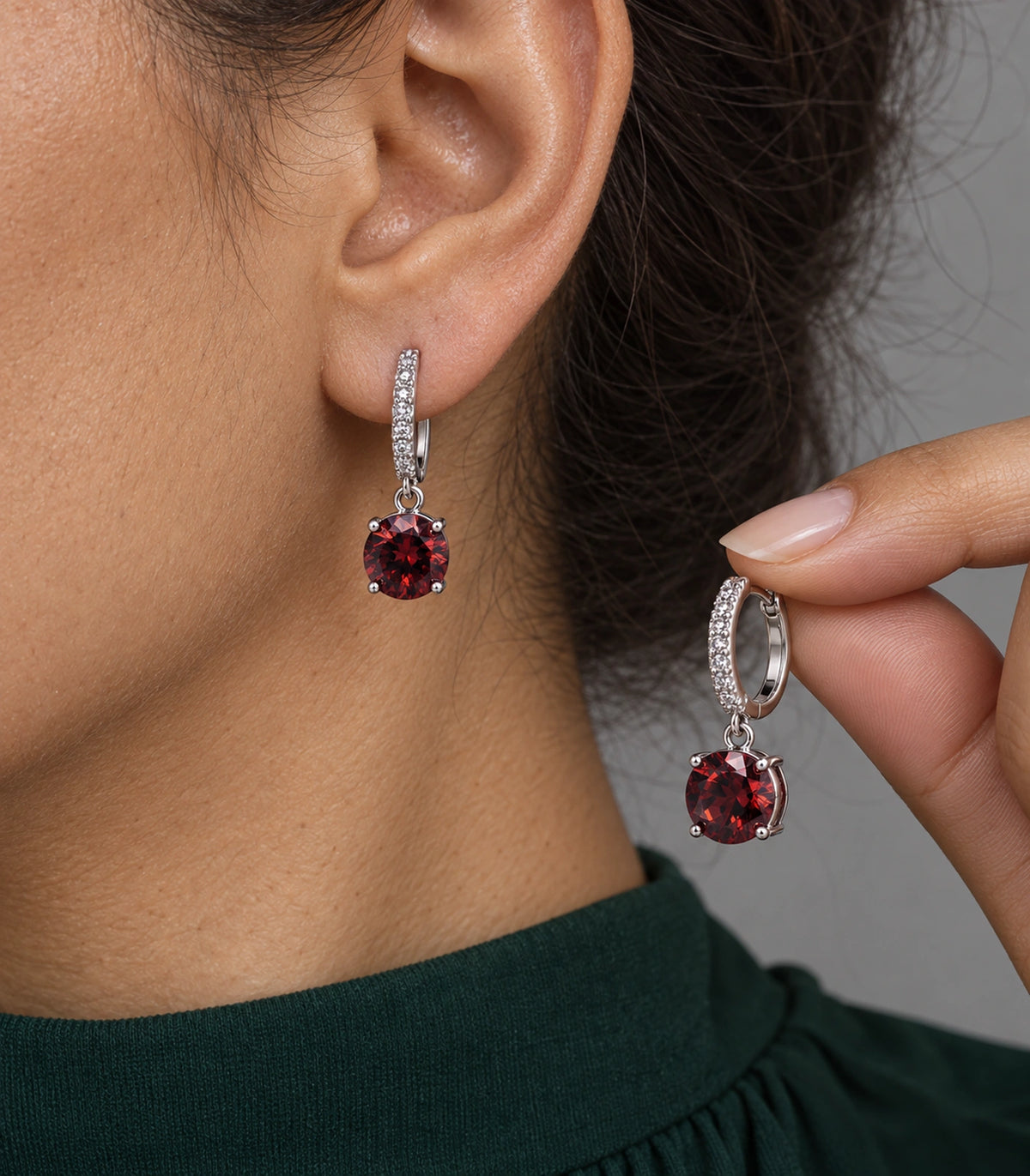 JIMIKI Round Crystal Hoop Drop Earring Pair in Silver tone / red, close-up detail #color_silver tone / red