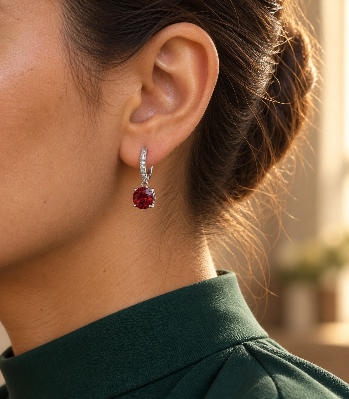 JIMIKI Round Crystal Hoop Drop Earring Pair in Silver tone / red, editorial model view #color_silver tone / red