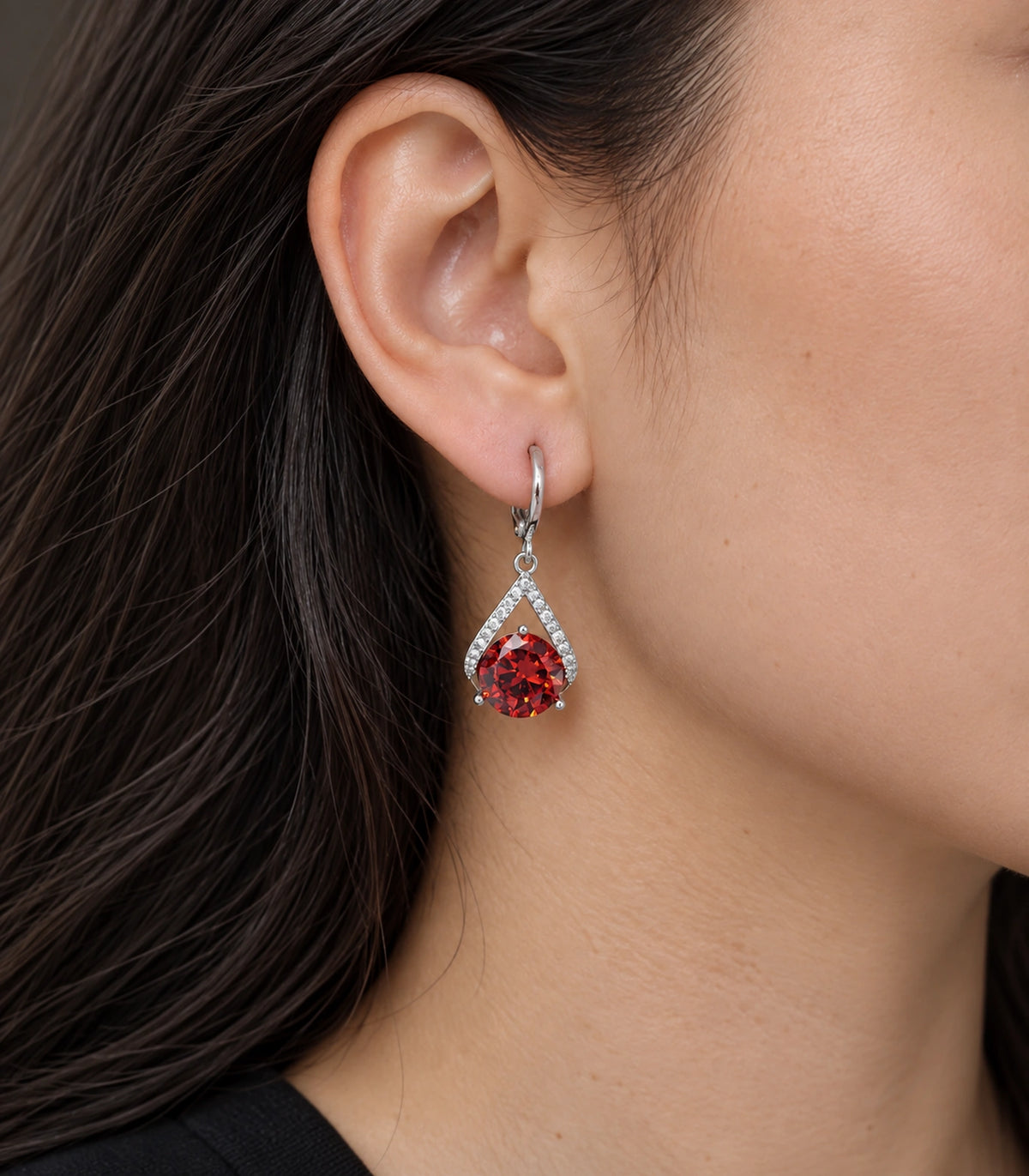 JIMIKI Round Crystal Teardrop Frame Drop Earring Pair in Silver tone/Red, close-up detail #color_silver tone/red