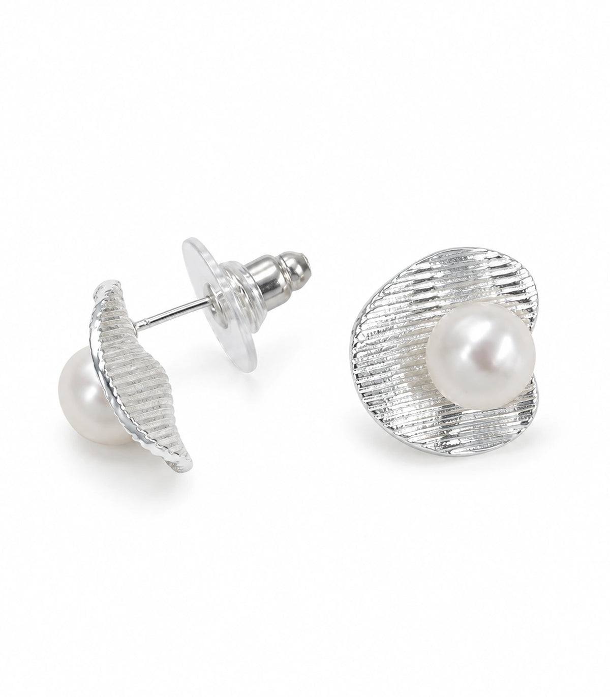 JIMIKI Ribbed Curved Disc Pearl Stud Earring Pair in Silver tone / White, white background product view #color_silver tone / white