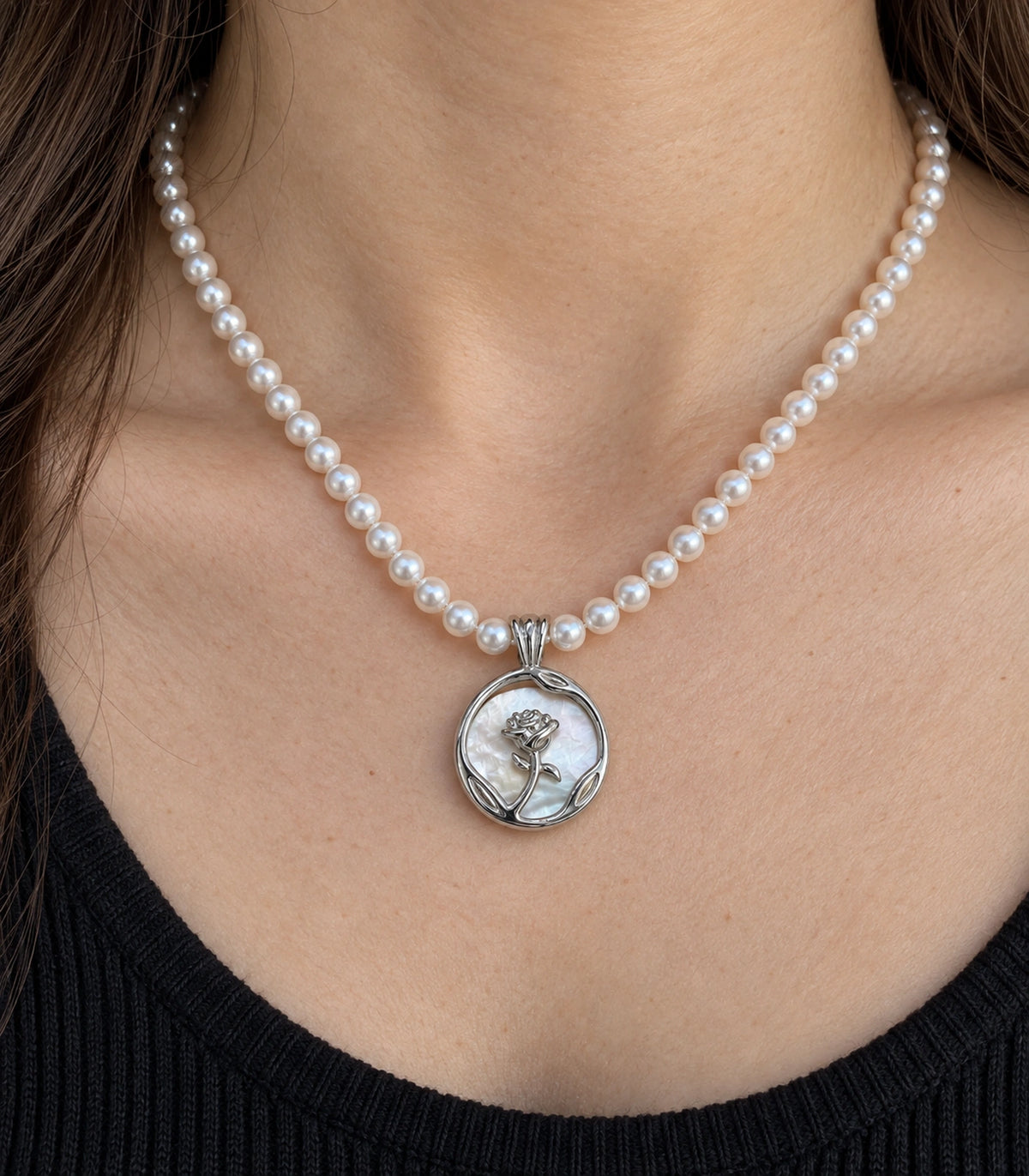 JIMIKI Silver Tone Rose Medallion Pearl Style Necklace in Silver tone / white, close-up detail