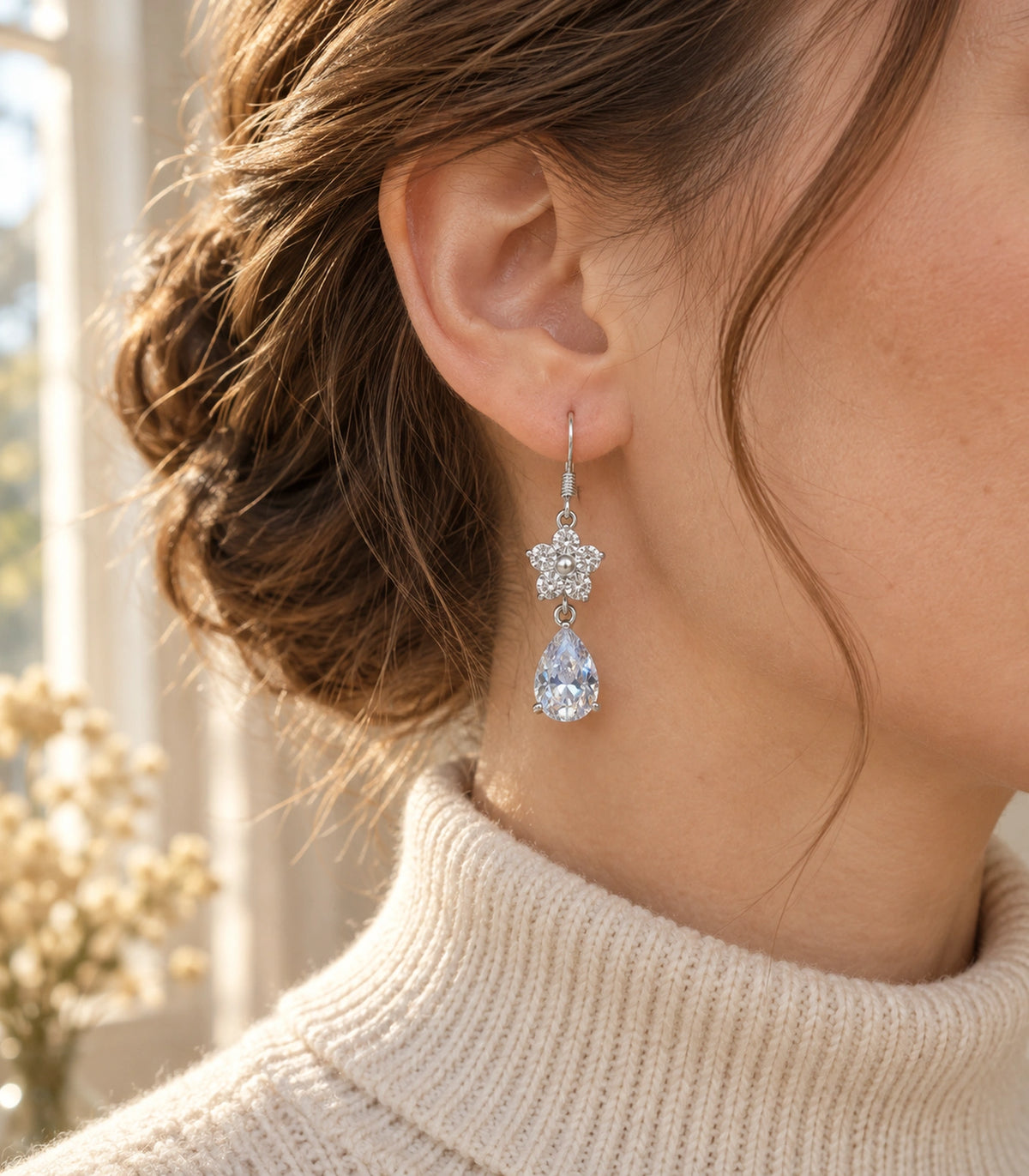 JIMIKI Silver-Tone Round Crystal Flower Pear Drop Earrings in Silver Tone, editorial model view