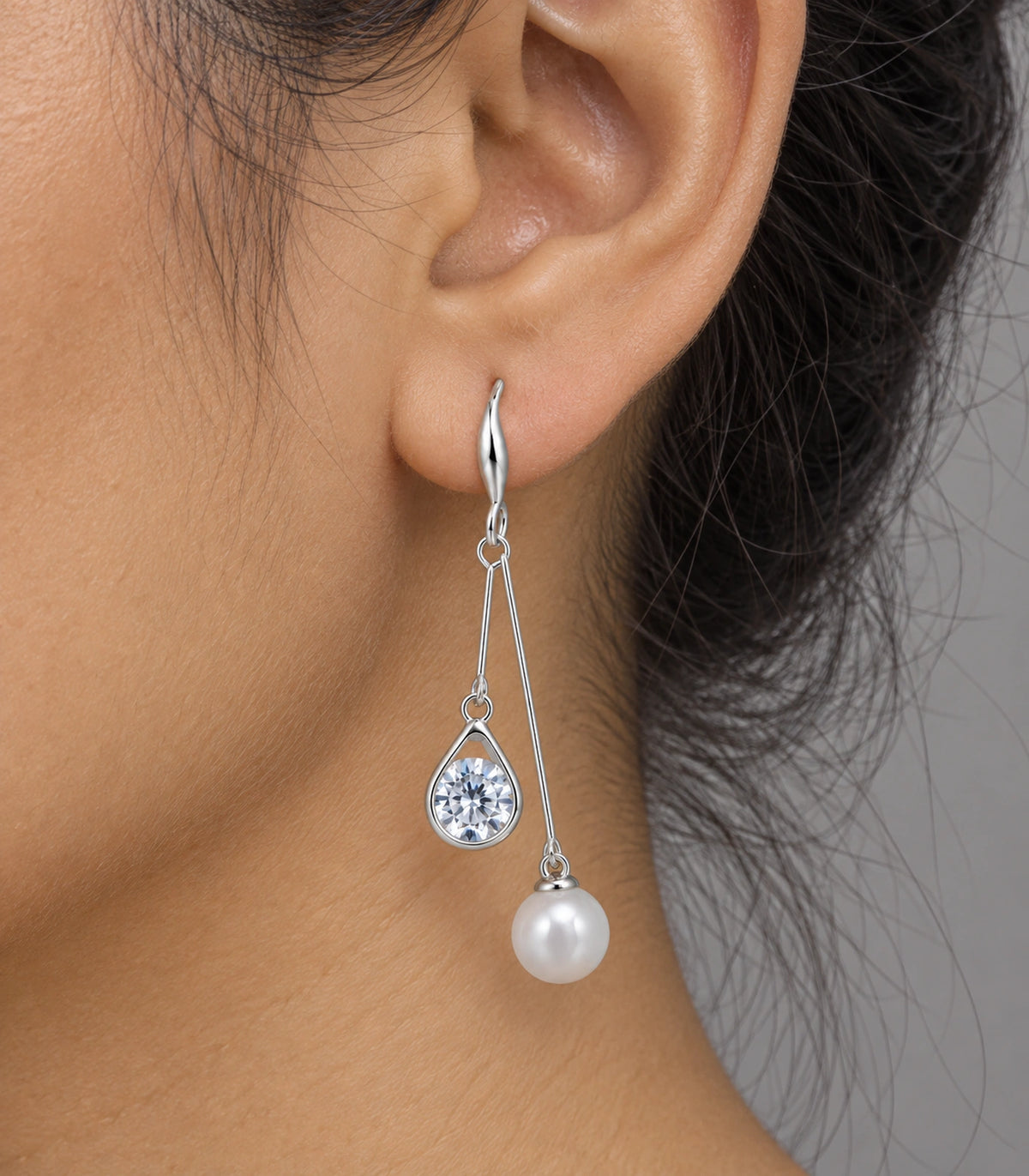 JIMIKI Silver-Tone Round Crystal Pearl Twin Wire Drop Earrings in Silver Tone, close-up detail