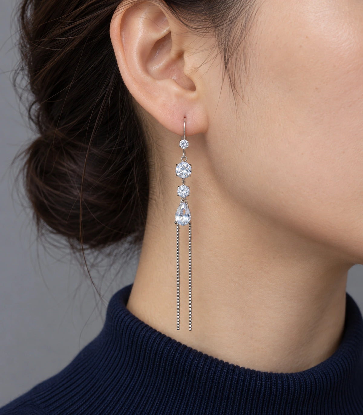 JIMIKI Silver Tone Round Pear Twin Chain Earring Pair in Silver-tone, model wearing view