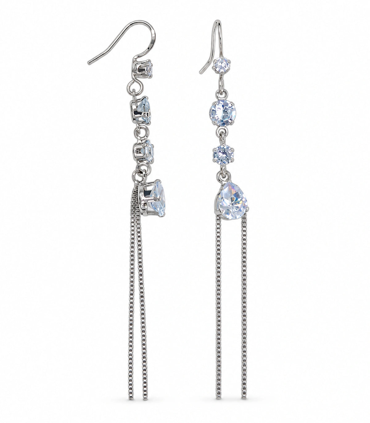 JIMIKI Silver Tone Round Pear Twin Chain Earring Pair in Silver-tone, white background product view