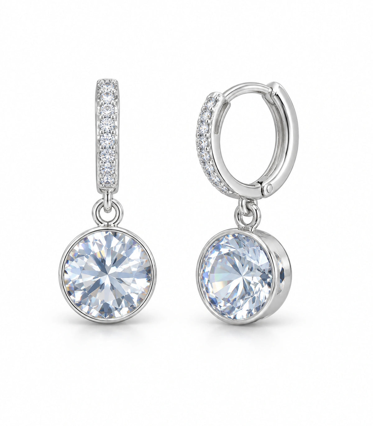 JIMIKI Silver-Tone Round Solitaire Drop Huggie Earrings in Silver / Clear, white background product view